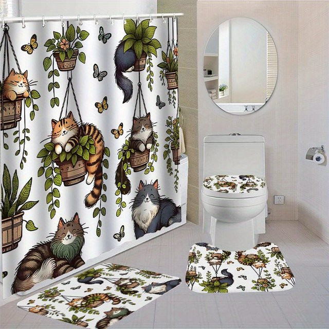 VIKAMA Duschvorhang mit Katzen- und Blumen-Motiv in Multicolour, inklusive 12 Haken, Höhe: 180 cm, Breite: 90 cm - Bild 1