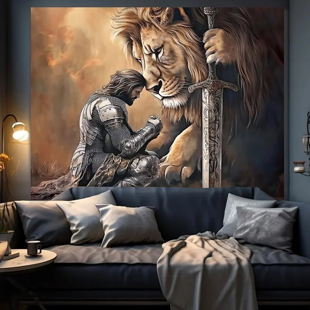 VIKAMA Wandteppich mit Ritter und Löwe im Vintage-Fantasy-Stil, Mehrfarbig - Bild 1