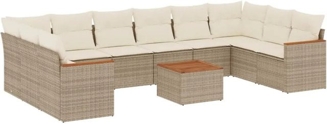 vidaXL 11-teilige Garten-Sofagarnitur aus Poly-Rattan und Akazienholz in Beige-creme mit Kissen - Bild 1