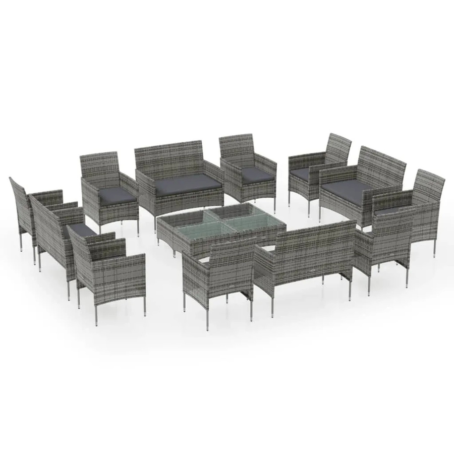 vidaXL 16-tlg Garten-Lounge-Set aus Poly Rattan in Grau mit Auflagen und Polstern für Terrasse und Garten - Bild 2