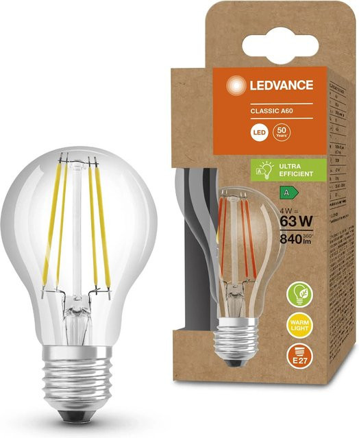 LEDVANCE LED-Leuchtmittel E27 Glühlampenform 4 W 840 Warmweiß Transparent Höhe: 10,5 cm, Durchmesser: 6 cm - Bild 1