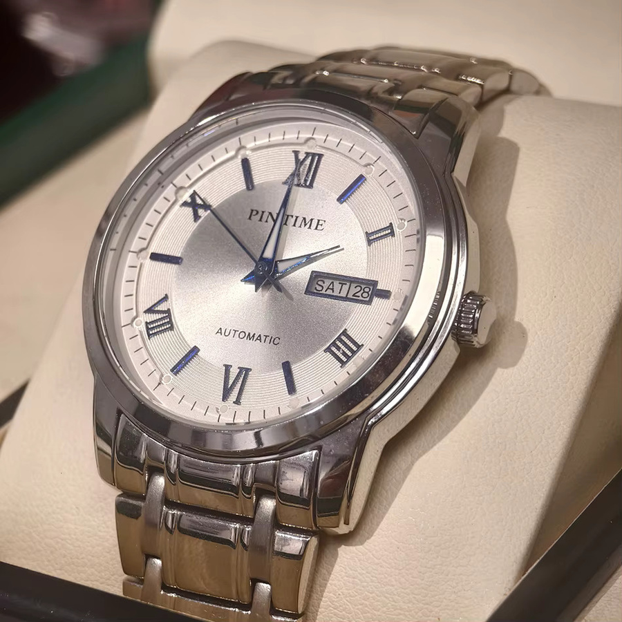 PINTIME Armbanduhr Automatik, Edelstahl, Weiß, Herren, Tag-Datum-Anzeige - Bild 4