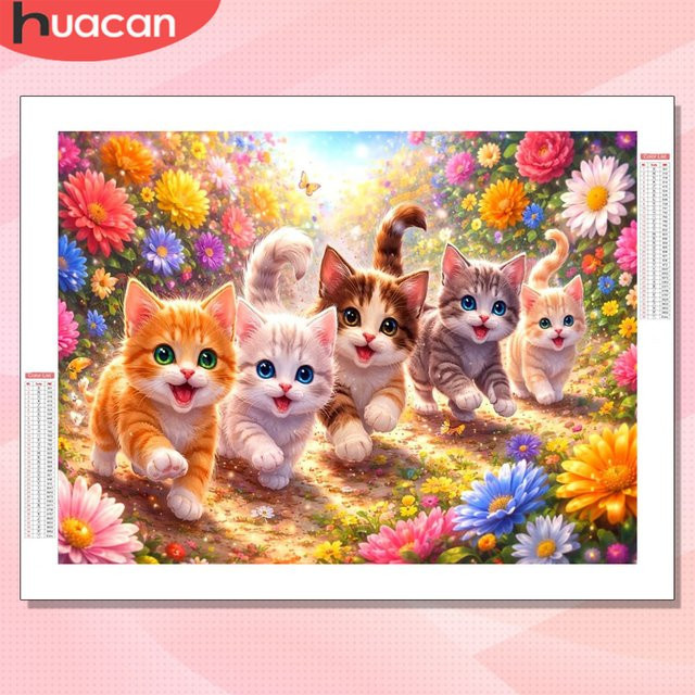 HUACAN Diamant-Malerei DIY Set mit Katze und Rosenblüten in Mehrfarbig, 5D Mosaik-Kunst zur Wanddekoration - Bild 1