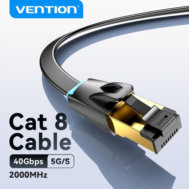 Vention CAT8 Ethernet-LAN-Patchkabel mit RJ45 Anschluss, 40Gbps und 2000MHz, flaches Netzwerk-Kabel in Schwarz - Bild 1