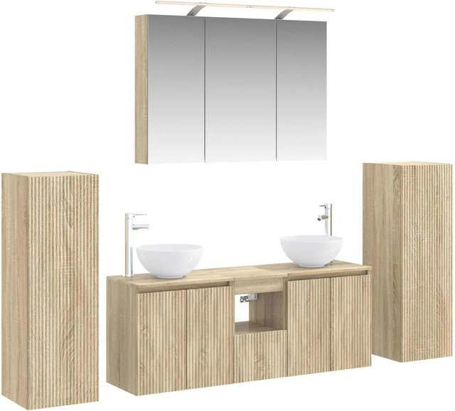 vidaXL Badezimmermöbel-Set 6-teilig in Sonoma-Eiche mit Glasfront und LED-Beleuchtung, Braun - Bild 1
