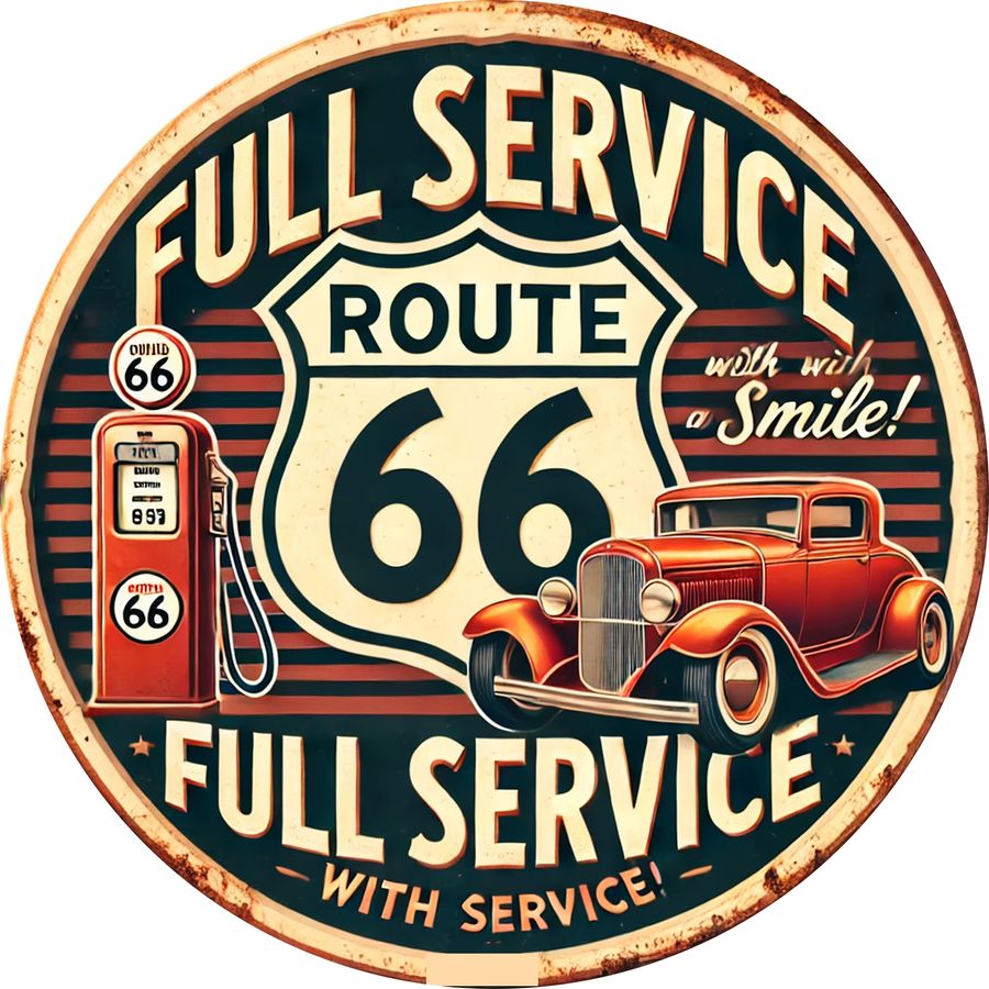 Potdemiel Retro Route 66 Full Service Aluminium-Wandkunstschild mit Auto- und Streifenmustern - Bild 3