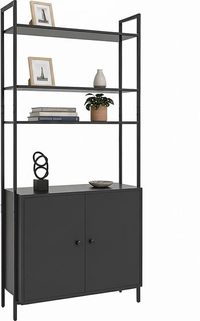 Relaxdays Bücherregal mit Unterschrank aus MDF und Eisen in Schwarz, höhenverstellbar und kippsicher, H: 159,5 cm, B: 60 cm, T: 24 cm - Bild 1