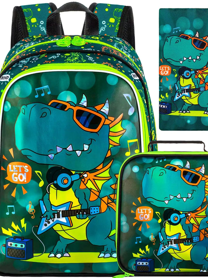 3-teiliges Dinosaurier Schulrucksack-Set für Jungen mit Lunchbox in Grün, 40,6 cm große Kinder-Büchertasche für Kindergarten und Grundschule - Bild 7