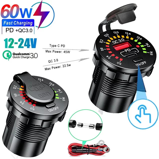 Velev 45W Schnellladegerät mit QC 3.0 und USB-C PD-Anschluss, 12V/24V Auto-Ladegerät mit LED-Voltmeter und EIN/AUS-Schalter, wasserdicht, Schwarz - Bild 1