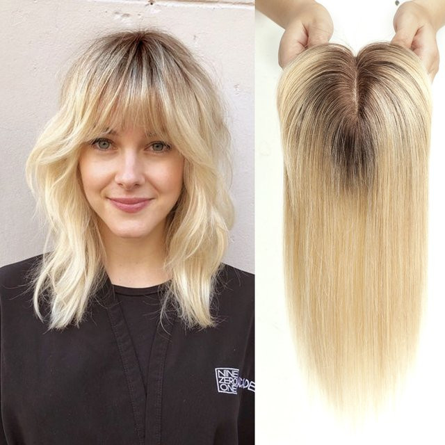HAIRCUBE Echthaar Topper Perücke mit Pony, Ombre Braun Blonde, 14 Zoll, Damen - Bild 1