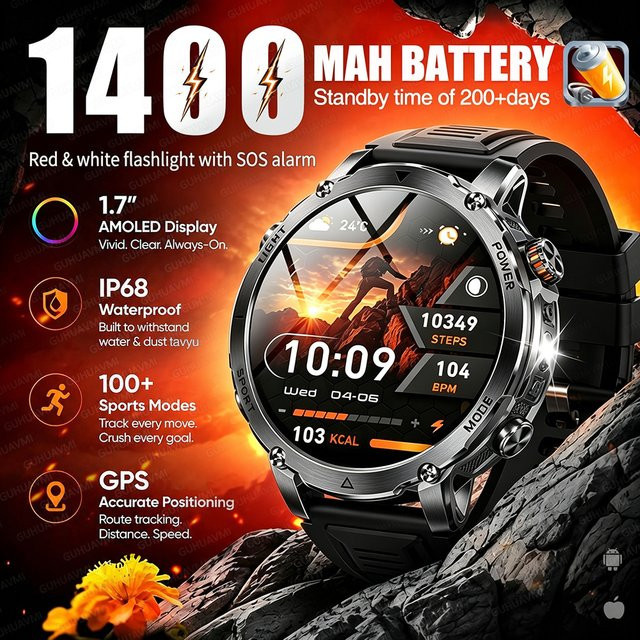 GUHUAVMI Smartwatch für Herren mit 1400mAh Akku, AMOLED Display, GPS, Taschenlampe und Bluetooth-Anruffunktion, IP68 wasserdicht, Schwarz - Bild 1