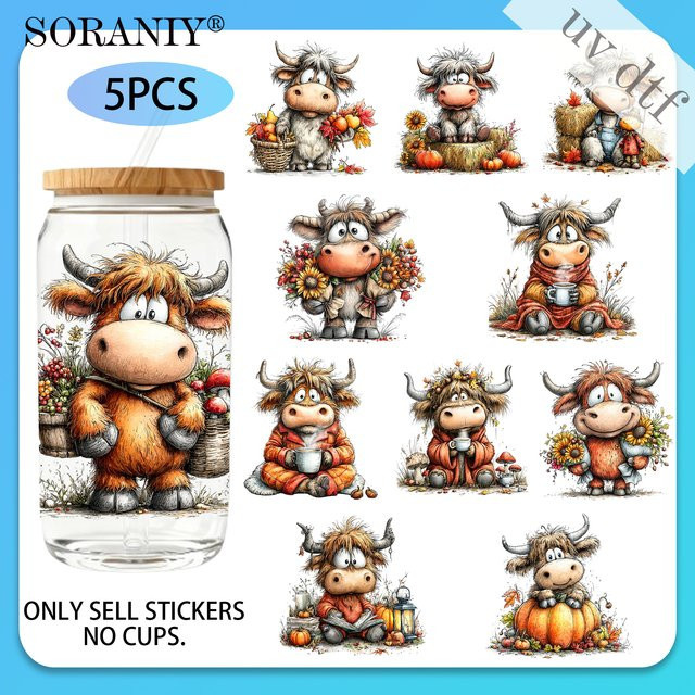 5er Set UV DTF DIY Transferaufkleber Herbst Highland Kuh Camping Motiv, Mehrfarbig - Bild 1