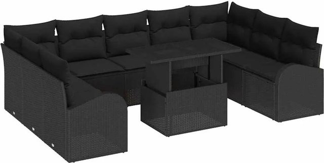 vidaXL 10-teiliges Gartenmöbel Set aus Poly-Rattan in Schwarz mit Kissen und Tisch im U-Shape Design - Bild 1