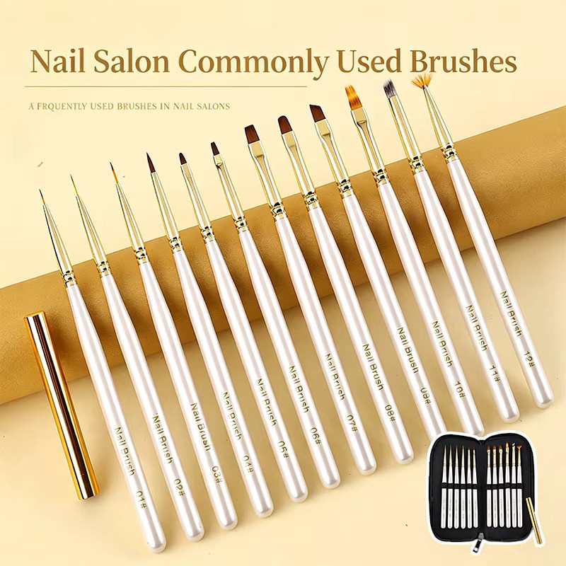 Japanisches Nail-Art Pinselset, 12-teilig, Perlweiß, mit Ledertasche - Bild 2