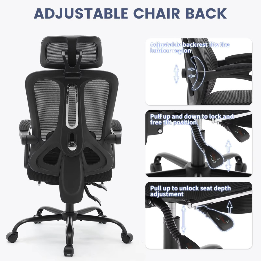 Garvee ergonomischer Gaming-Stuhl mit hoher Rückenlehne und Kopfstütze, atmungsaktives Mesh-Gewebe, verstellbare Lendenstütze und ausziehbare Fußstütze, drehbarer Bürostuhl in Schwarz - Bild 4