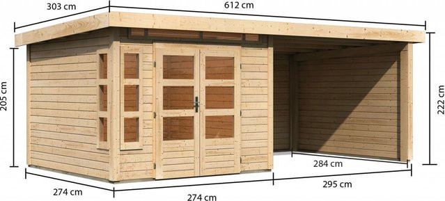 Gartenhaus Holz KASTORF 6 Naturbelassen mit 320 m2 Anbaudach sowie Rück- und Seitenwand, Wandstärke: 28 mm, B/T: 274 x 274 m - Bild 1