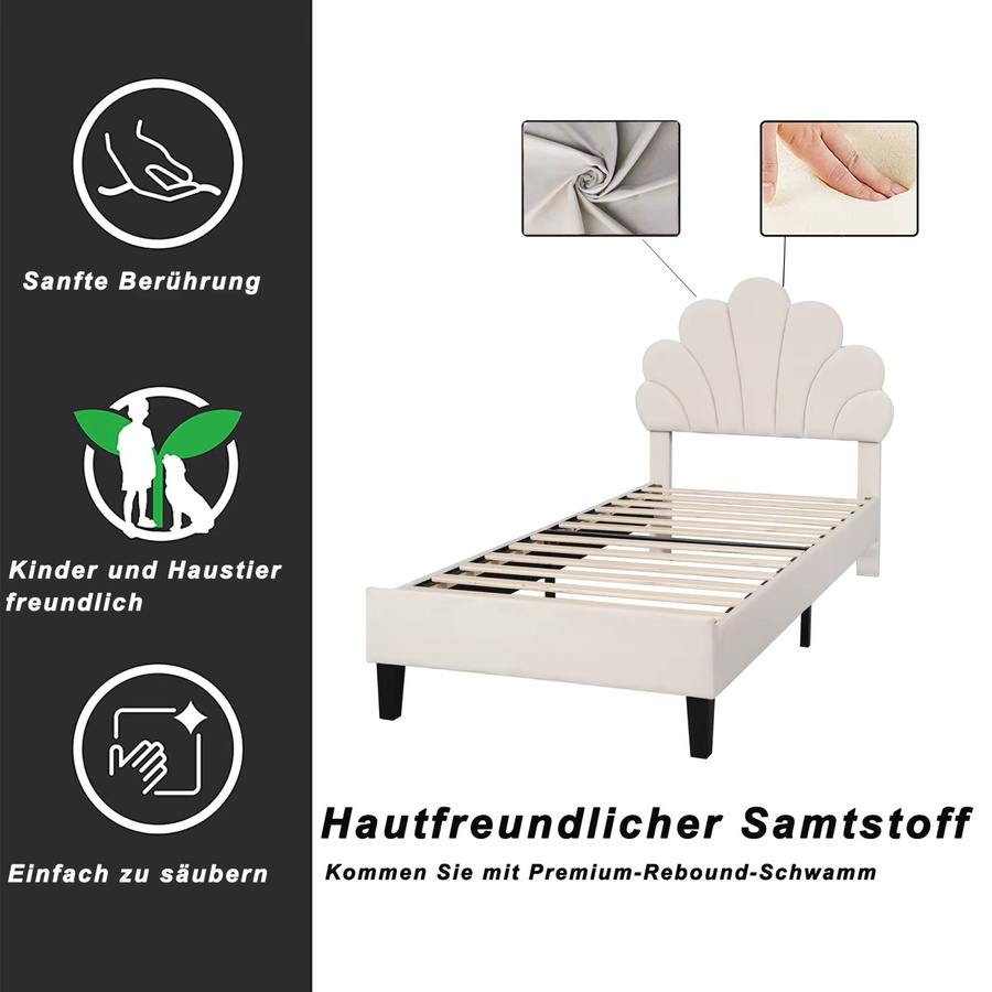 Prinzessinnenbett für Kinder und Jugendliche mit floralem Kopfteil und Lattenrost, Samtbezogenes Bettgestell in Beige, B/T/H: 90 x 200 cm - Bild 2