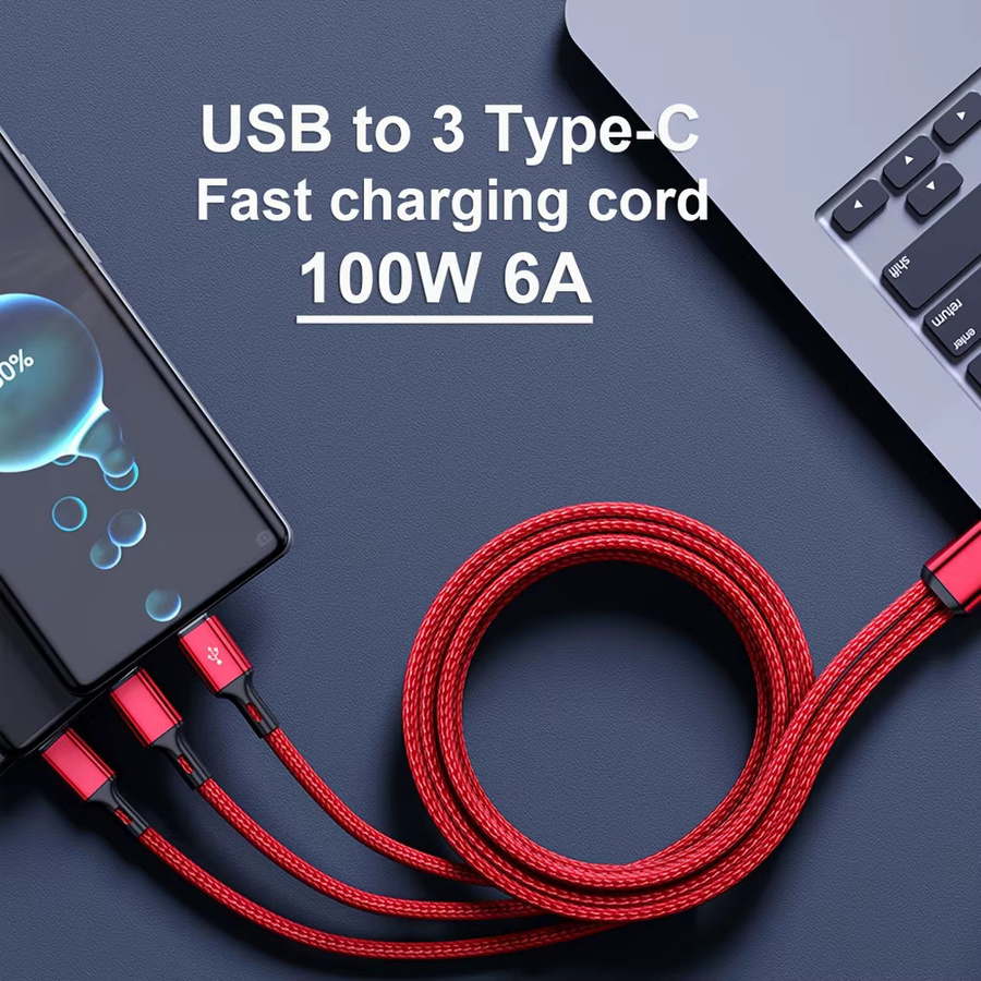NNBILI 3-in-1 USB-C Schnellladekabel 100W 6A in Rot für Samsung Xiaomi Huawei und Android-Smartphones zur Datenübertragung - Bild 4