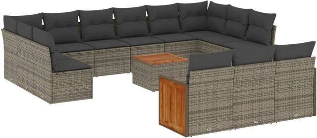 vidaXL 14-teilige Garten-Sofagarnitur in L-Form aus Polyrattan und Akazienholz mit Kissen in Grau - Bild 1
