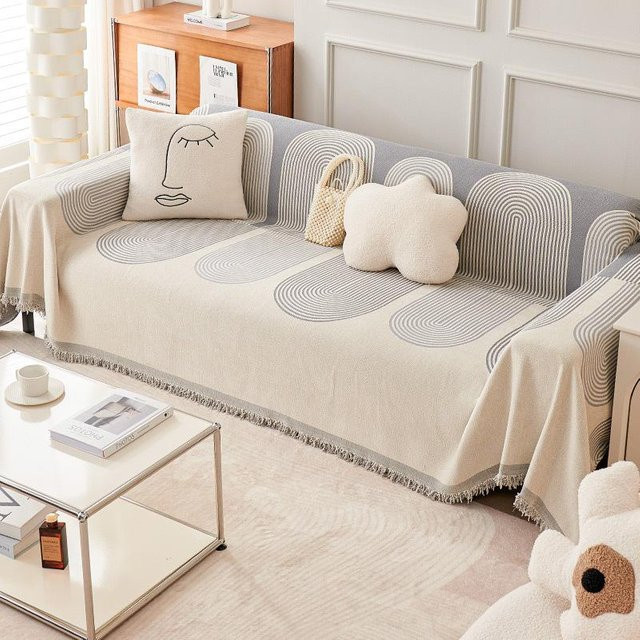 Universeller Chenille-Sofabezug in Beige mit geometrischem Muster, staubdichter und kratzfester Sofadecke, B/B: 180 x 130 cm - Bild 1