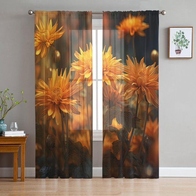 Super Six Fenstervorhänge mit Sonnenblumen-Motiv und Blumenknospen-Farbverlauf aus Chiffon, transparent, Orange/Mehrfarbig, Breite: 135 cm, Höhe: 137 cm - Bild 1