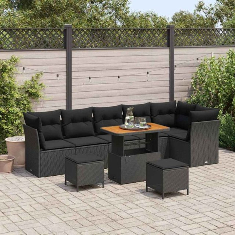 Modernes Garten-Sofa-Set aus Poly-Rattan mit Holz-Elementen von vidaXL in Schwarz, 9-teilig - Bild 1