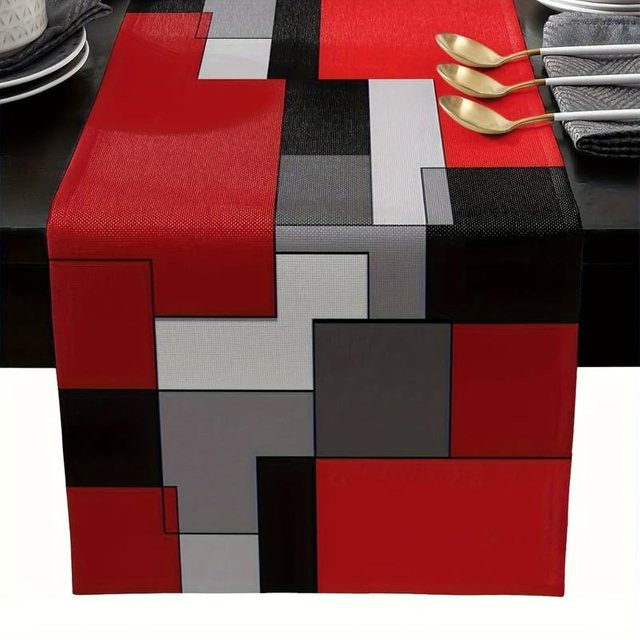 Tischläufer JINGYUE Pet Abstrakte Geometrische Blöcke im Mondrian-Stil, Schwarz-Rot, B/H: 40 x 140 cm - Bild 1