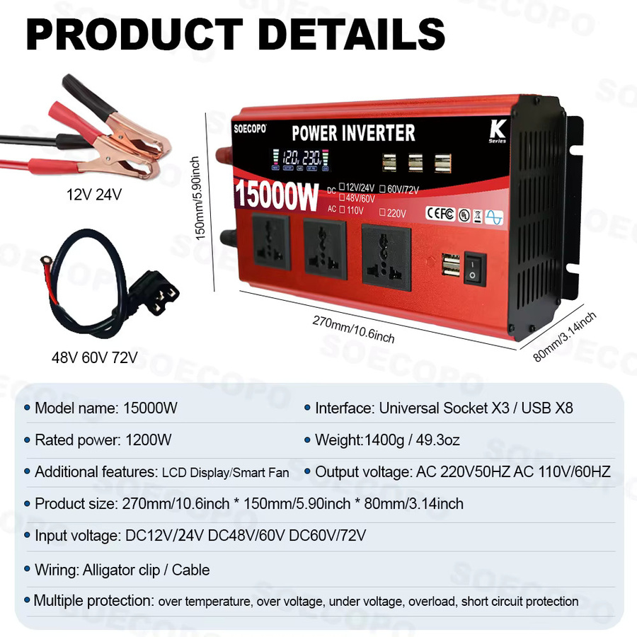 Soecopo Solar-Wechselrichter 15000 W in Rot mit 8 USB-Anschlüssen und 3 Universal-Steckdosen, DC zu AC 110/220 V mit Dual-Spannungseingang für Camping, Wohnmobile und Zuhause - Bild 2