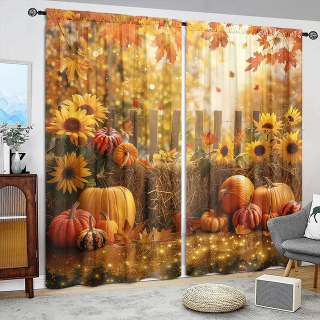 2er-Set Herbstdekoration Vorhänge mit Kürbis-Print, beige und orange, B/H: 52,5 x 116 cm - Bild 1