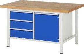 Rau Werkbank höhenverstellbar blau mit 3 Schubladen und 1 Tür, B/T/H: 150 x 90 x 84-104 cm - Bild 1