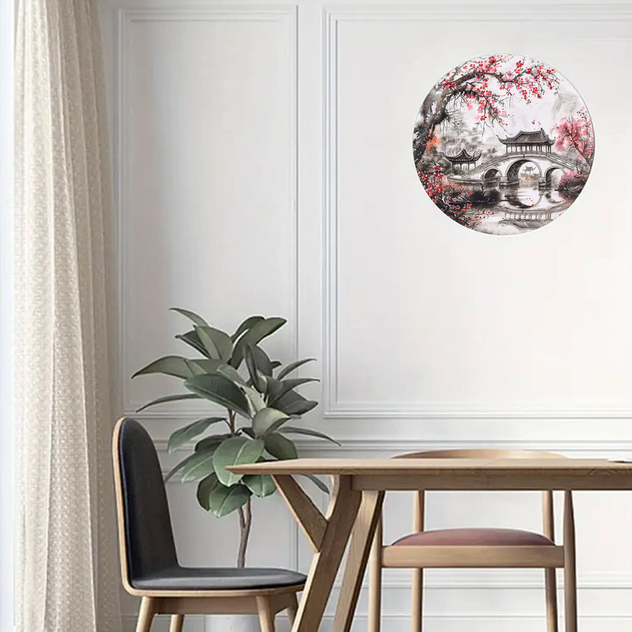 Rundes Aluminiumschild Potdemiel mit chinesischer Landschaft im Vintage-Stil, Wandkunst aus Metall, Mehrfarbig, Durchmesser: 20 cm - Bild 3