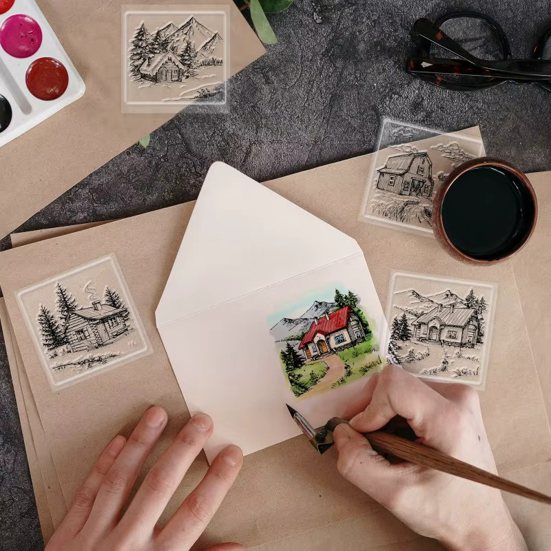 4 Stück Mini-Hütten Klarstempel aus Silikon für DIY Scrapbooking und Landschaftsgestaltungen in Transparent - Bild 2