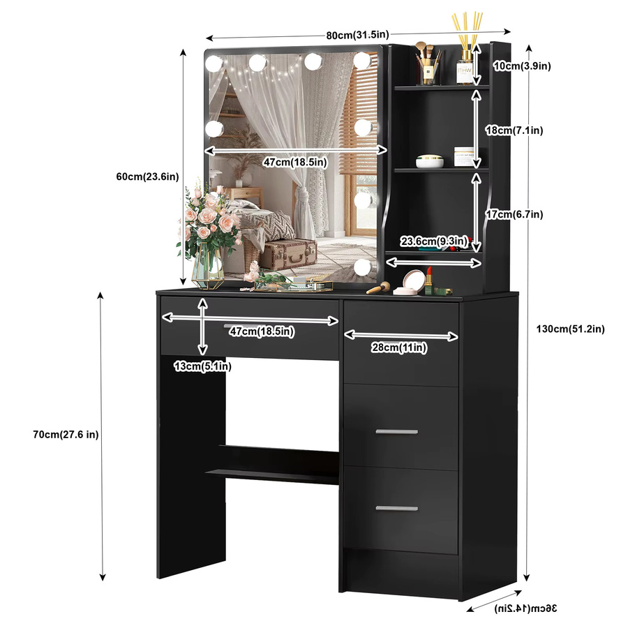 Schminktisch onesaimei in Schwarz Matt mit Hollywood LED-Spiegel und modernem Design, Breite: 130,0 cm, Höhe: 80,0 cm - Bild 4
