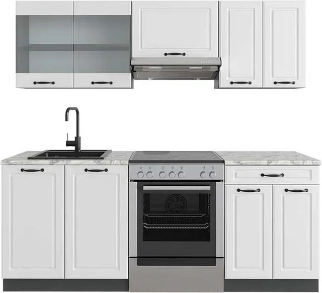 Vicco R-Line Küchenzeile Landhaus Weiß Strukturiert und Anthrazit mit Marmor-Optik, Breite: 200 cm - Bild 1