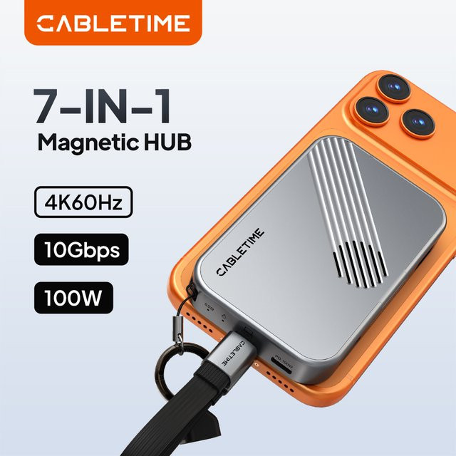 CABLETIME 7 in 1 USB C Hub mit NVMe SSD Unterstützung und magnetischer Befestigung für iPhone 17, inklusive SD/TF 3.0 und 4K ProRes Videoaufzeichnung - Bild 1