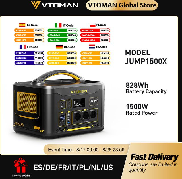 VTOMAN JUMP 1500X Tragbare Powerstation mit LiFePO4 Batterie, 828Wh, 1500W, Solargenerator in Schwarz - Bild 1