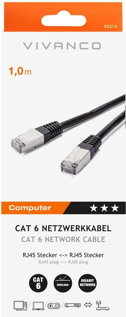 Vivanco CAT6 Ethernet LAN Netzwerkkabel mit RJ45 Stecker, Schwarz, Länge: 1 m - Bild 1