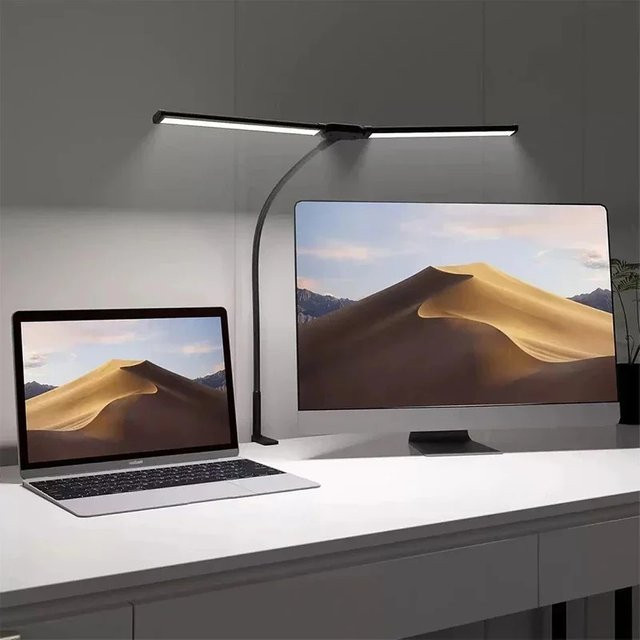 LINYILIGHT LED-Schreibtischlampe mit Doppelkopf in Schwarz, dimmbar mit 5 Farbmodi und USB-Anschluss für Home Office und zum Lesen - Bild 1