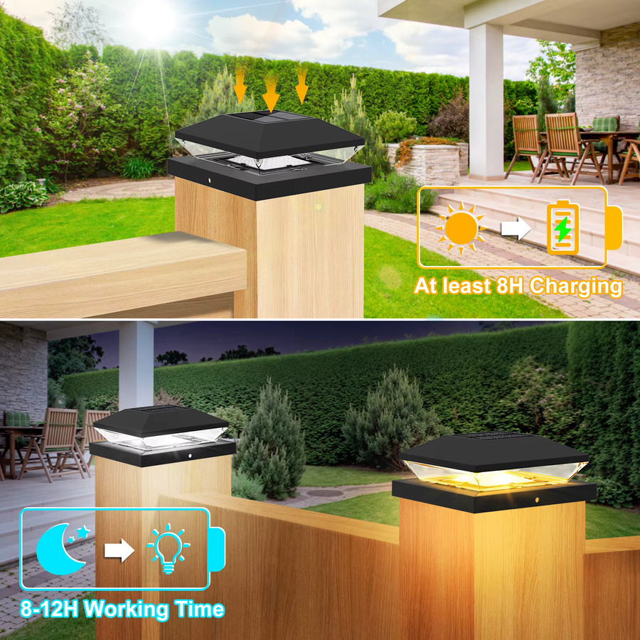 T-SUNRISE Solar-LED-Zaunlampe für den Garten, quadratische Solarsäulenpfostenkappe in Schwarz mit CCT-Funktion (3000 K und 6000 K) - Bild 3