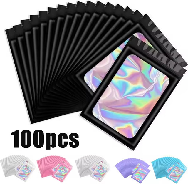 100 Stück holografische Druckverschlussbeutel aus Kunststoff in Pink und Multicolour zur Aufbewahrung von Schmuck, Wimpern und Maniküre-Zubehör - Bild 1