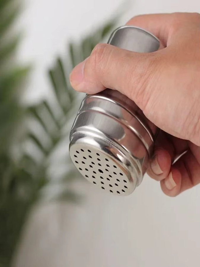 Mehrzweck-Gewürzglas aus Edelstahl in Silber mit drehbarer Abdeckung für Salz, Zucker und Pfeffer - Bild 4