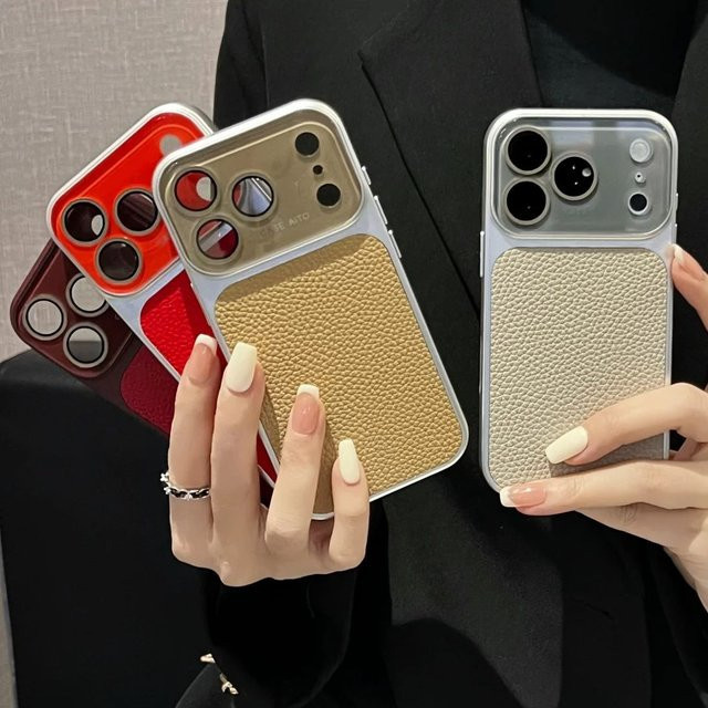 Vintage Lychee-Leder Handyhülle für Apple iPhone 17 16 15 14 13 Pro Max in Blau mit mattem Finish und Kristallglas-Fenster - Bild 1