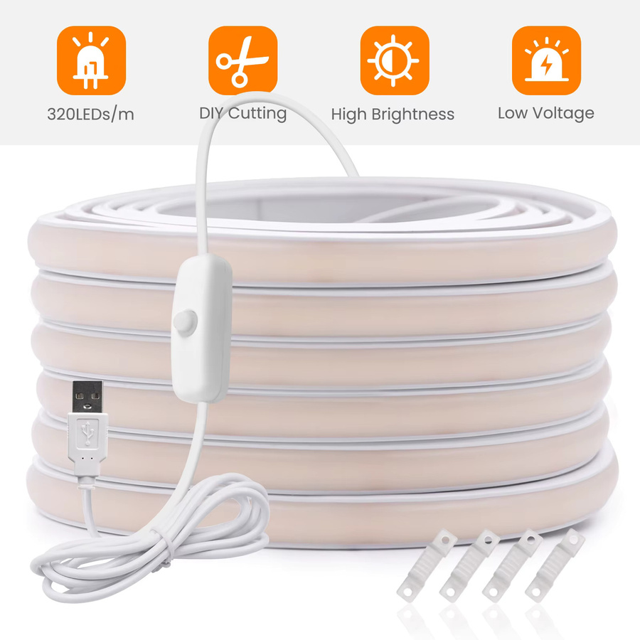 HEGEHE COB Neonlicht Flexibles LED Dekorband mit EIN/AUS-Schalter, Weiß, IP65 Wasserdicht, DC 5V USB-Anschluss, 1 Meter Länge - Bild 2