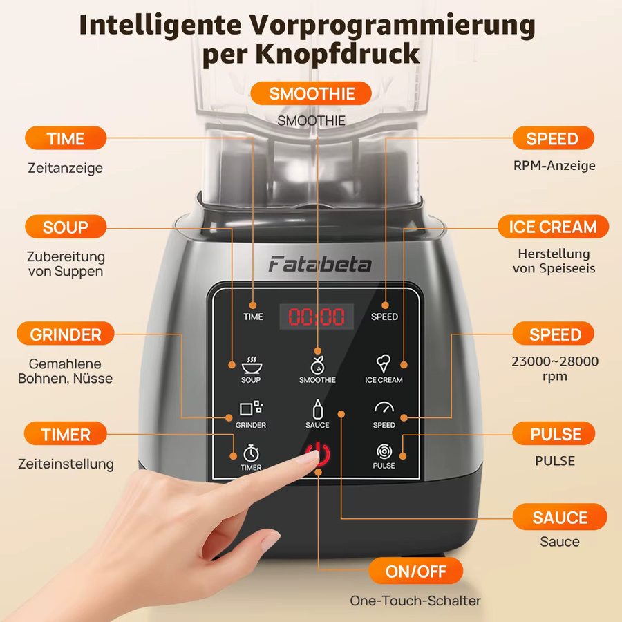 Fatabeta Hochleistungs-Standmixer mit 2000W, Timer und 2L Behälter in Schwarz - Bild 2
