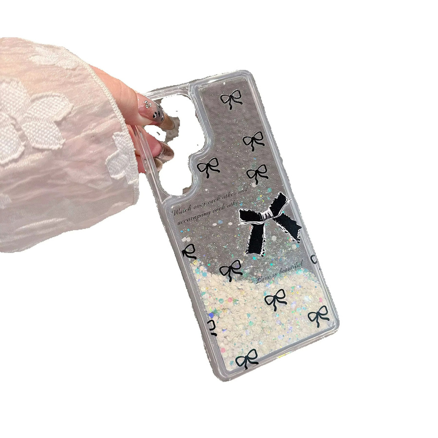 Luxuriöse Glitzer-Schutzhülle mit Treibsand-Effekt und schwarzer Schleife für Samsung Galaxy S22 Plus, S23, S24 und S25 Ultra inklusive Trageband in Schwarz - Bild 5