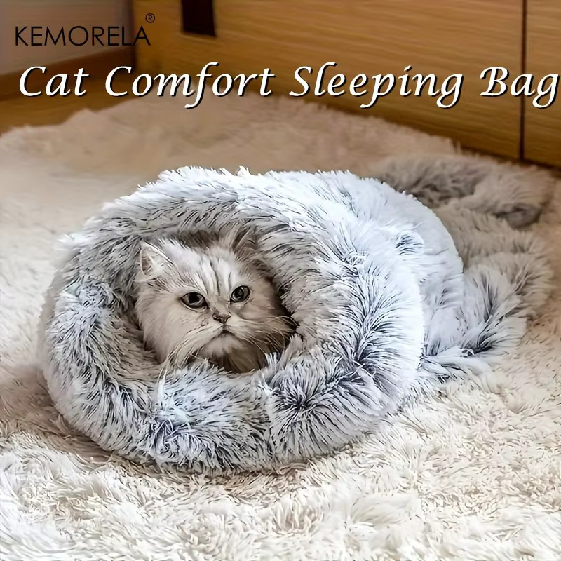 KEMORELA Winter-Schlafsack für Katzen aus weichem Plüsch, dick und warmes Haustierbett, grau - Bild 2
