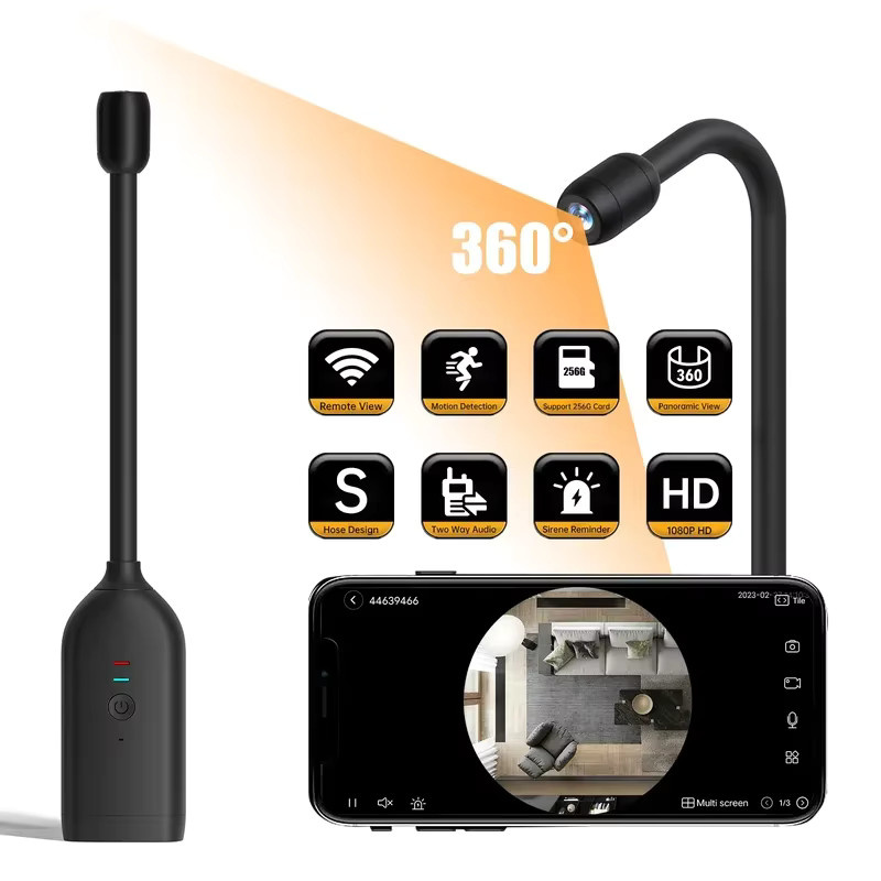 POVCAN QJ700 Mini-WLAN-Kamera in Schwarz mit HD 1080P, flexiblem Objektivkabel, Bewegungserkennung und 2-Wege-Gespräch sowie USB-C-Ladefunktion - Bild 2