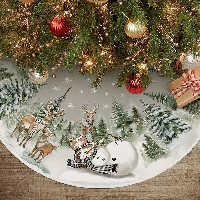 VIKAMA Weihnachtsbaumkleid in Weiß mit Schneemännern, Hirschen und Schneeflocken als Winterdekoration - Bild 1