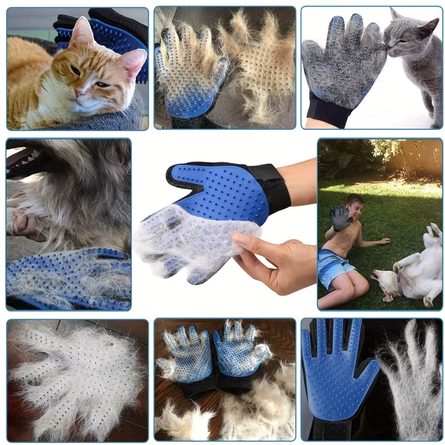 2-teiliges Fellpflegeset in Blau für Hunde, Katzen und Kaninchen mit Fellpflegebürste und Badreinigungshandschuh - Bild 2