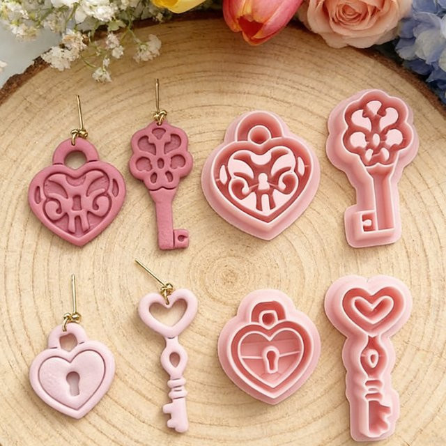 4er Set Polymer Clay Werkzeuge mit Herz- und Liebe-Motiven in Pink für Schmuck und Keramikton - Bild 1